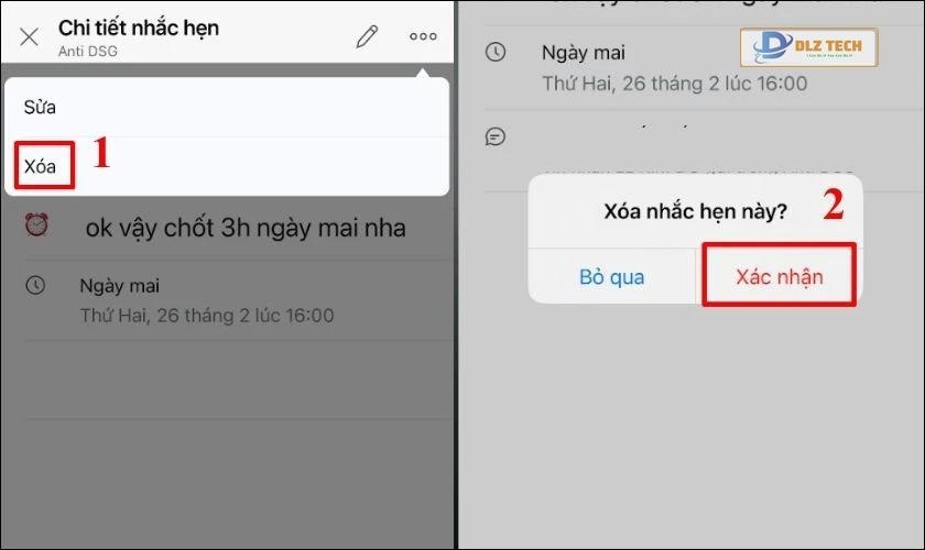 Xác nhận xóa nhắc hẹn trên Zalo