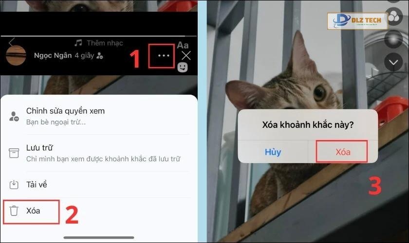 Chọn mục Xóa và xác nhận nhấn Xóa lần nữa để cách xóa khoảnh khắc đã đăng trên Zalo