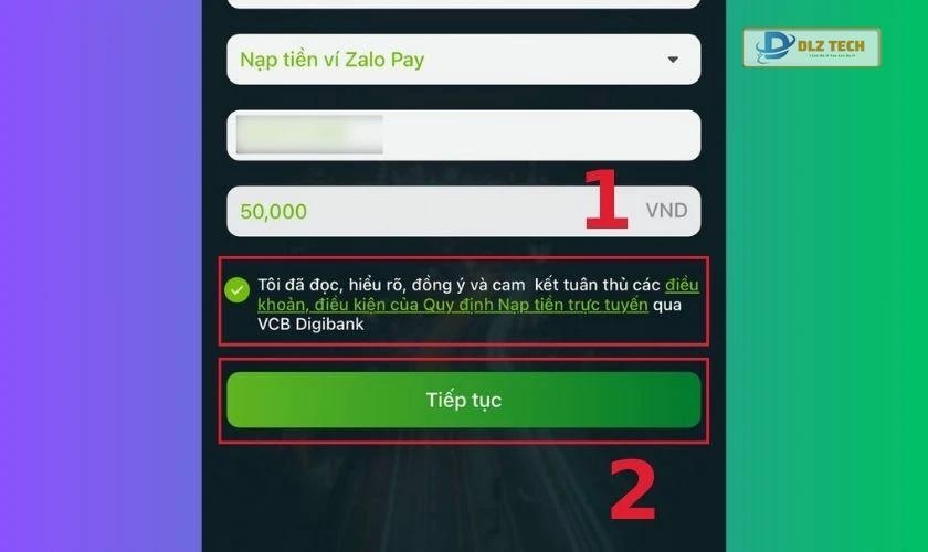 Tích chọn vào mục Tôi đã đọc, hiểu rõ… qua VCB Digibank và nhấn chọn Tiếp tục