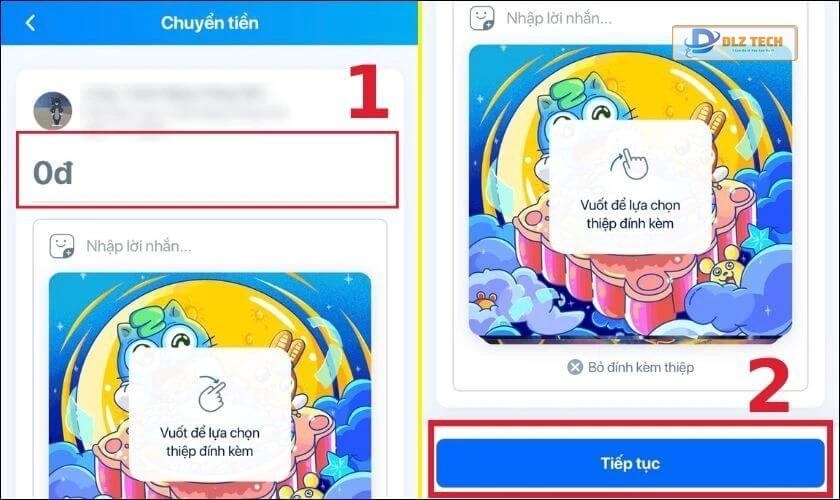 Nhập số tiền cần chuyển và nhấn chọn Tiếp tục