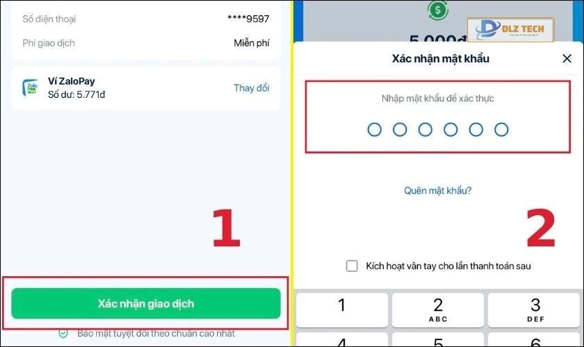 Nhấn chọn Xác nhận giao dịch và nhập mật khẩu của ứng dụng