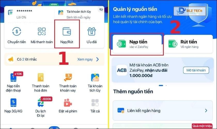 Cách nạp tiền vào ZaloPay trực tiếp trên app ZaloPay