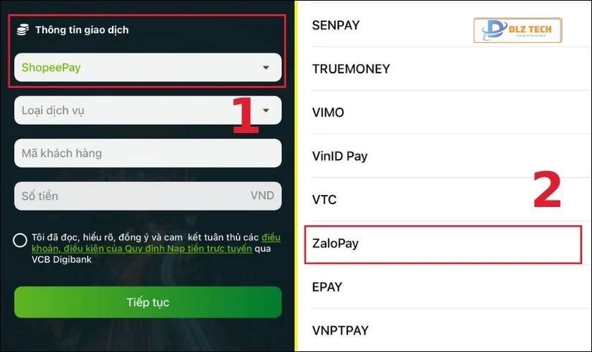 Nhấn vào để chọn ZaloPay