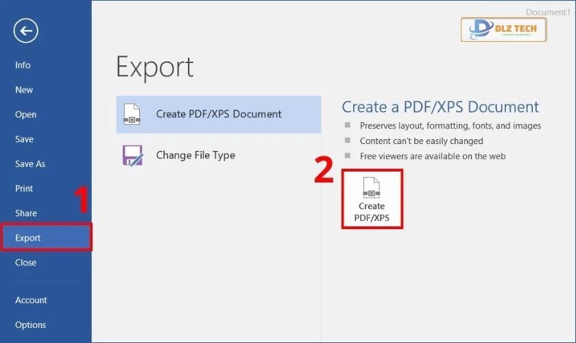 chọn vào export và chọn create pdf/xps