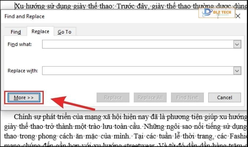 Chọn More trong hộp thoại Find and Replace