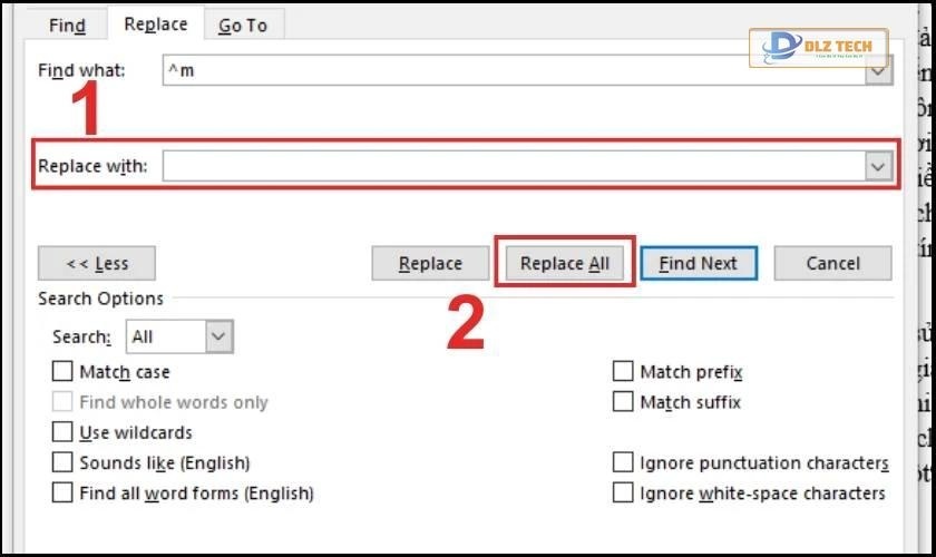 Nhấn Replace All để xóa ngắt trang