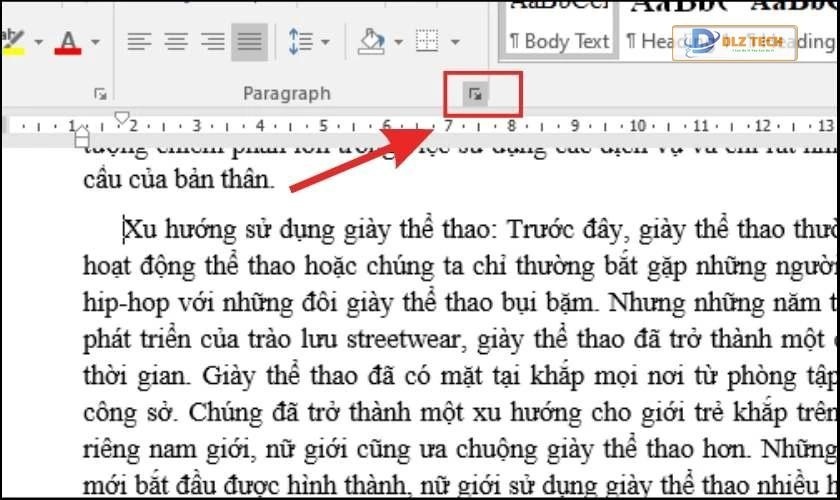 Nhấp vào mũi tên trong Paragraph