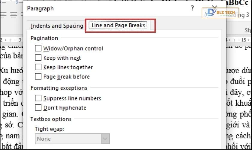 Chọn thẻ Line and Page Breaks