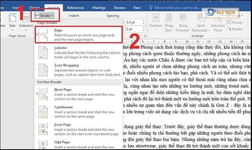 Chọn Breaks và chọn Page để ngắt trang
