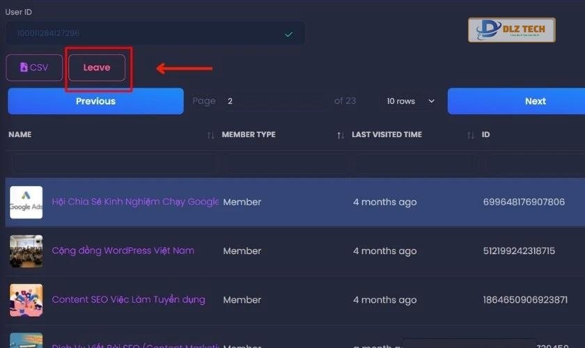 Sau khi chọn nhóm, nhấp vào tùy chọn Leave