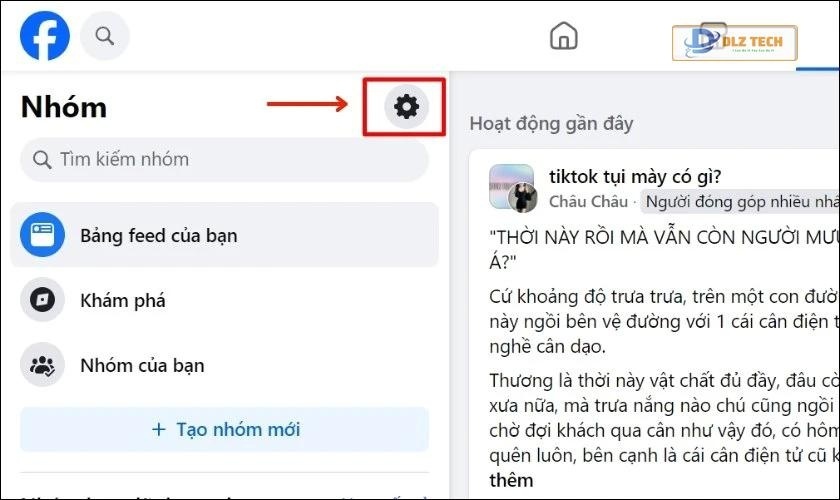Chọn biểu tượng cài đặt trong mục Nhóm