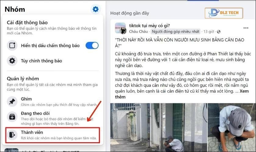 Chọn Thành viên để tiến hành rời các nhóm Facebook