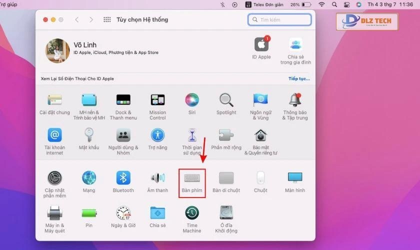 Chọn Bàn phím trong Tùy chọn hệ thống