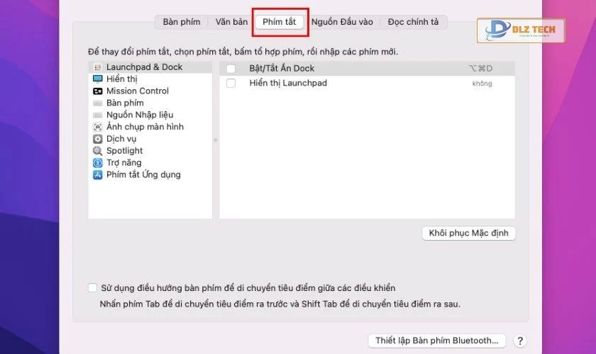 Chuyển đến tab Phím tắt trong Bàn phím