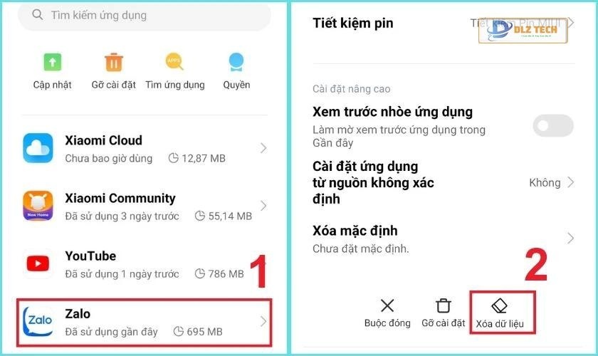 Tìm ứng dụng Zalo và xóa dữ liệu