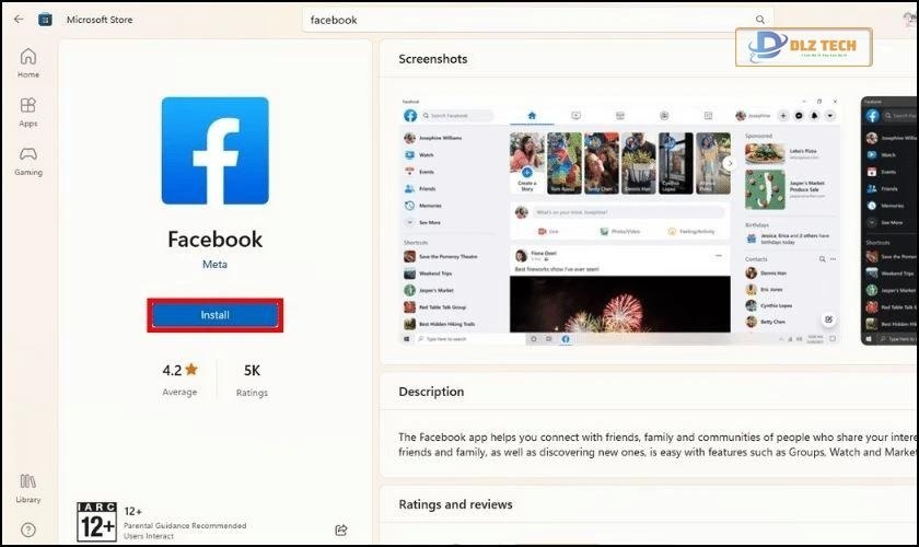 Nhấn Install để cài đặt Facebook trên máy tính