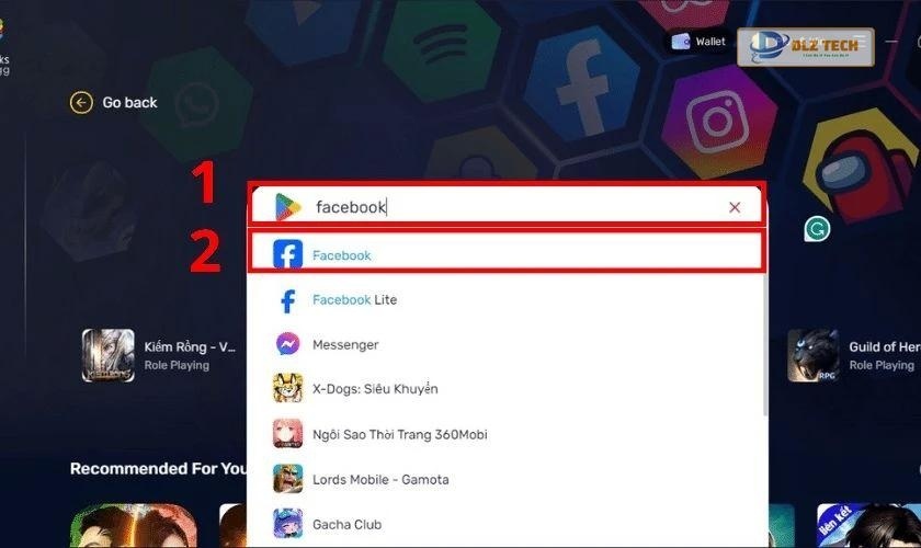 Tìm và chọn Facebook