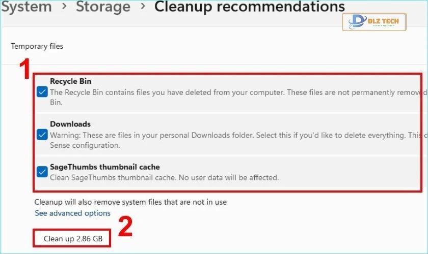 Chọn các tệp muốn xóa để giải phóng bộ nhớ ổ C Win 11