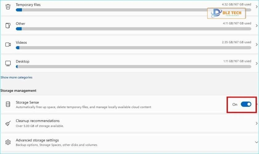 Bật công tắc cho Storage Sense từ chế độ OFF sang ON