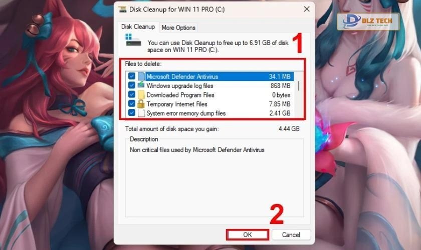 Tick chọn vào các mục muốn xóa trong hộp Files to Delete