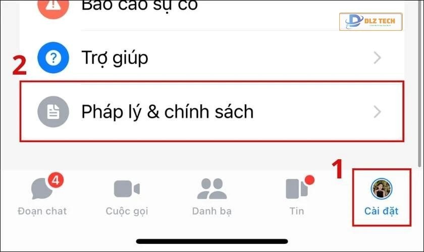 Chọn phần Cài đặt và chọn Pháp lý & chính sách