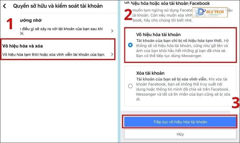Nhấn chọn mục Vô hiệu hoá và xoá, chọn mục Vô hiệu hoá tài khoản và nhấn Tiếp tục vô hiệu hoá tài khoản