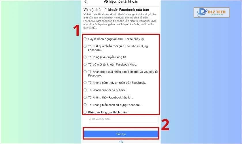 Chọn một lý do tương ứng và nhấn Tiếp tục