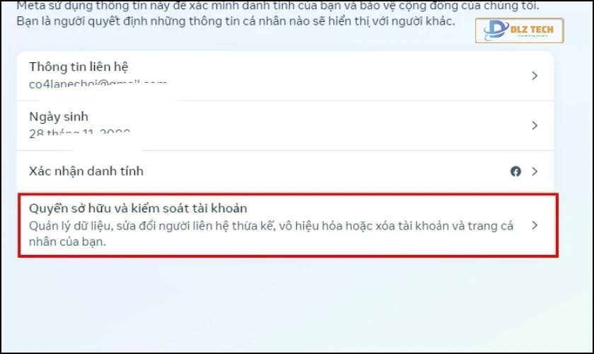 Chọn vào mục Quyền sở hữu và kiểm soát tài khoản