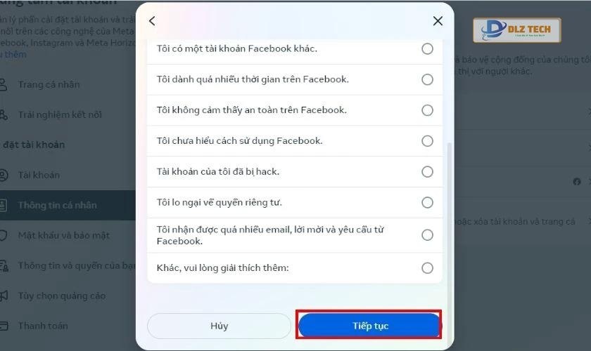Chọn lý do mà bạn muốn khóa tài khoản Facebook cá nhân