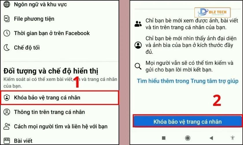 Tìm và chọn Khóa bảo vệ trang cá nhân