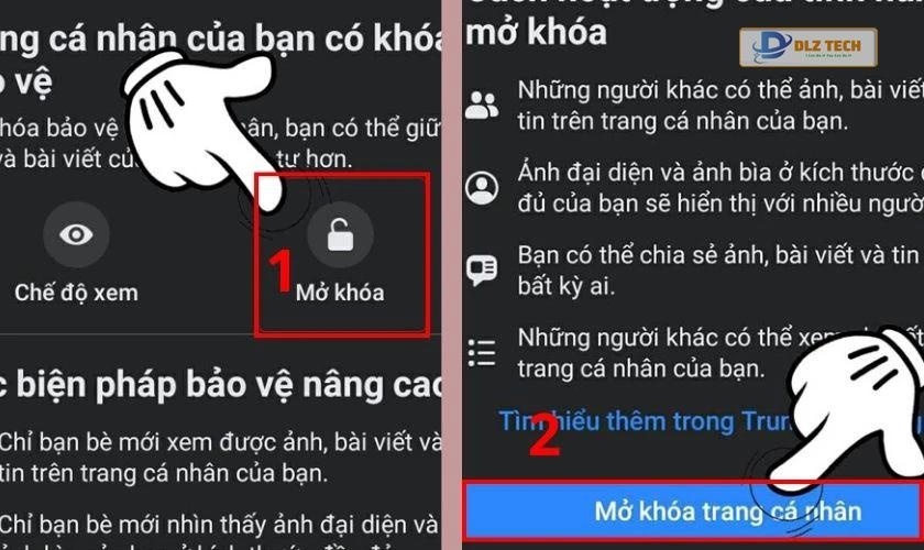 Chọn Mở khóa rồi chọn nút Mở khóa trang cá nhân