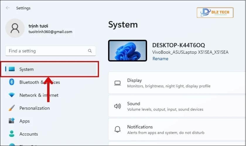 Chọn vào mục System của máy