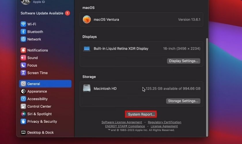 Kéo xuống và chọn System Report