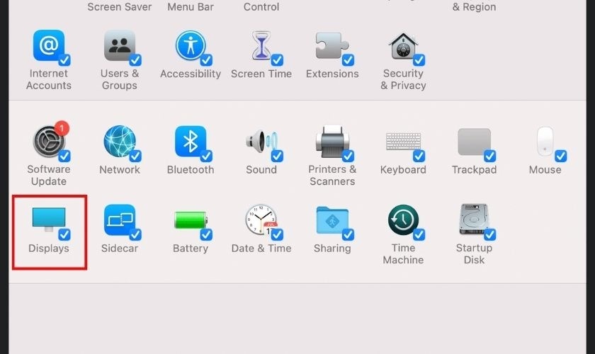 Nhấp vào Displays để điều chỉnh độ sáng