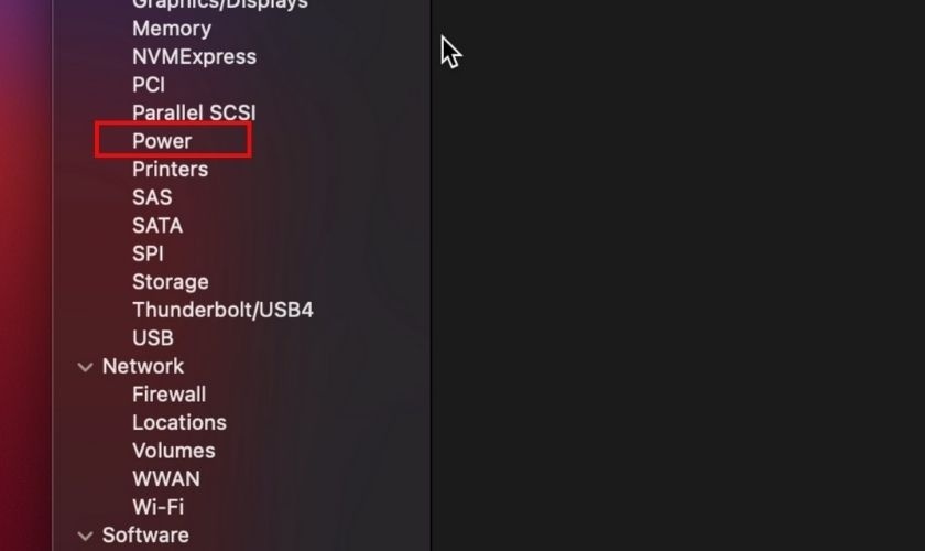 Đi đến và chọn mục Power