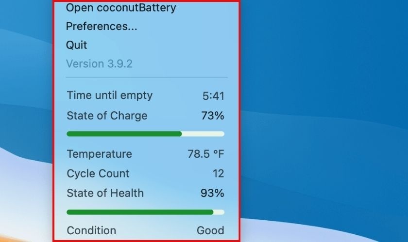 Thông tin pin từ Coconut Battery