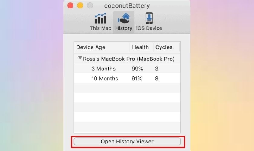 Mở History Viewer để kiểm tra lịch sử pin