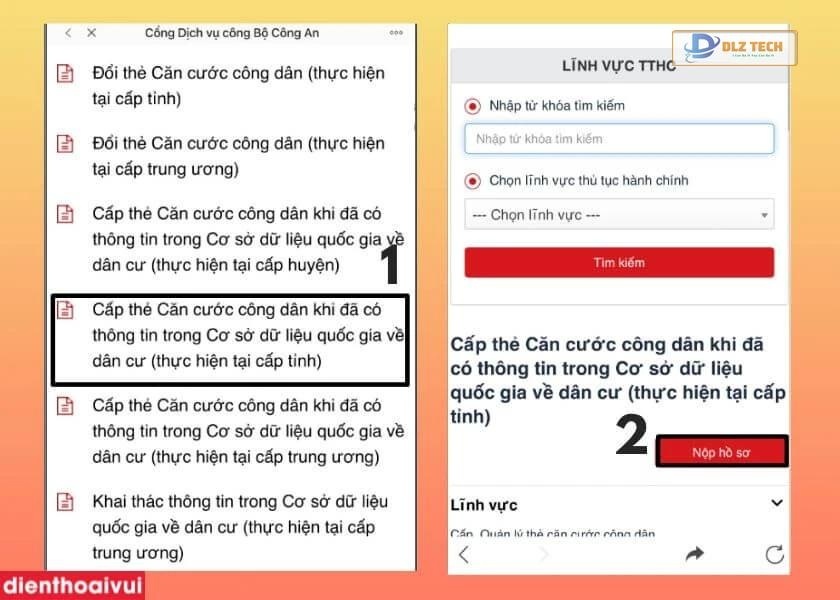 chọn lĩnh vực cấp thẻ cccd