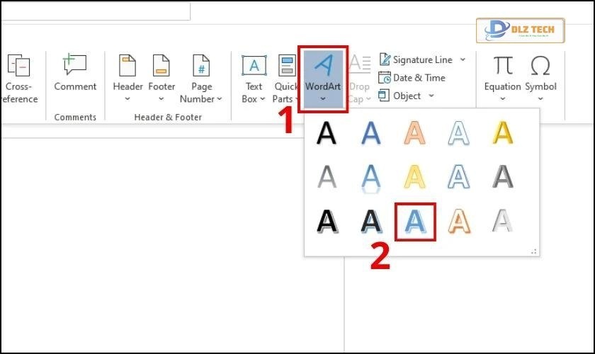 Chọn mục WordArt để xuất hiện danh sách các mẫu chữ