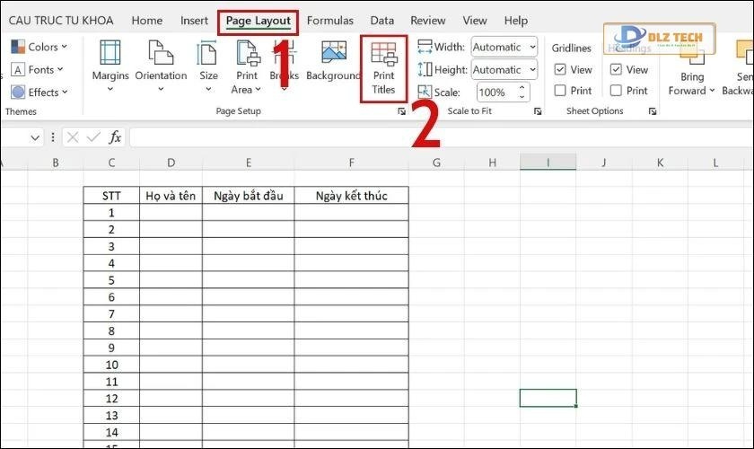 Chọn Page Layout để tùy chọn tiêu đề bảng