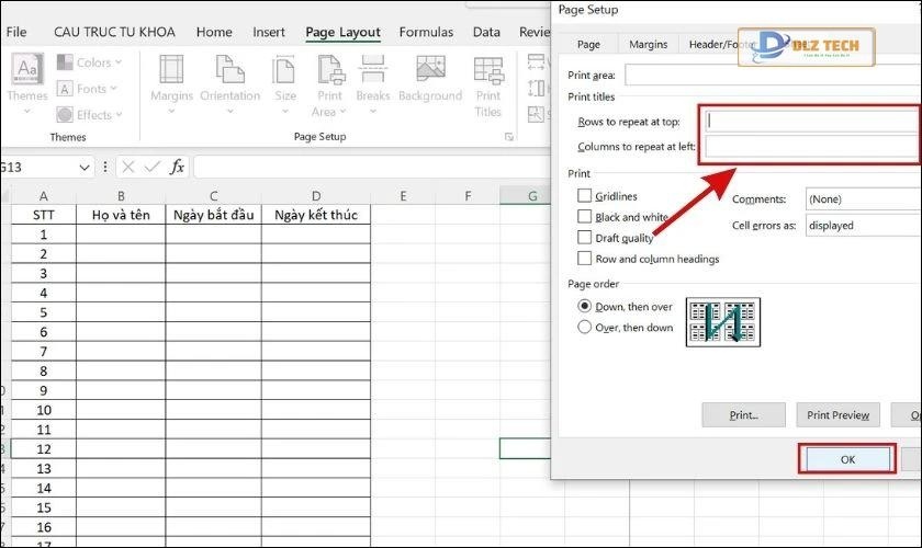 Nhấn ok để hoàn tất bỏ lặp tiêu đề bảng trong Excel