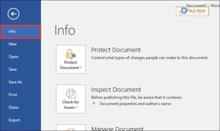 Chọn mục Info ở cột menu bên trái