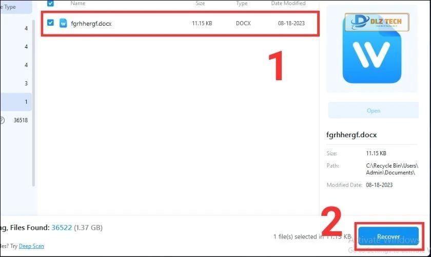 Chọn file Word chưa lưu trong Word cần lấy lại và nhấn Recover
