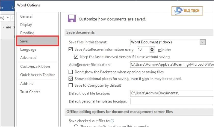 Trong hộp thoại Word Options chọn mục Save
