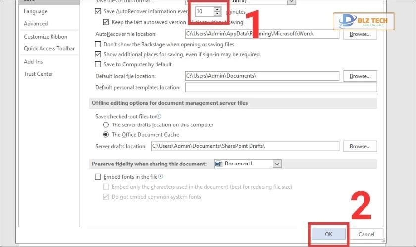 Bấm OK để hoàn tất việc kích hoạt tự động lưu