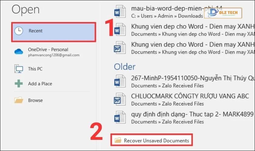 Phục hồi file Word chưa lưu từ mục Recover Unsaved
