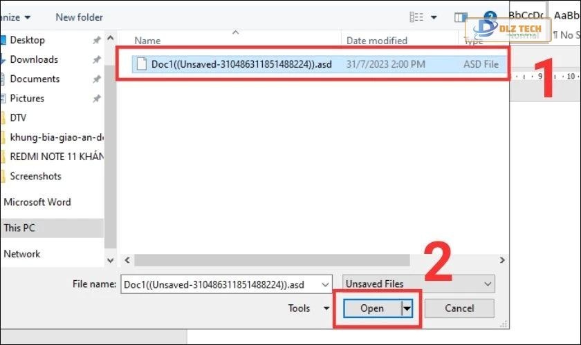 Lựa chọn file để phục hồi trong Word