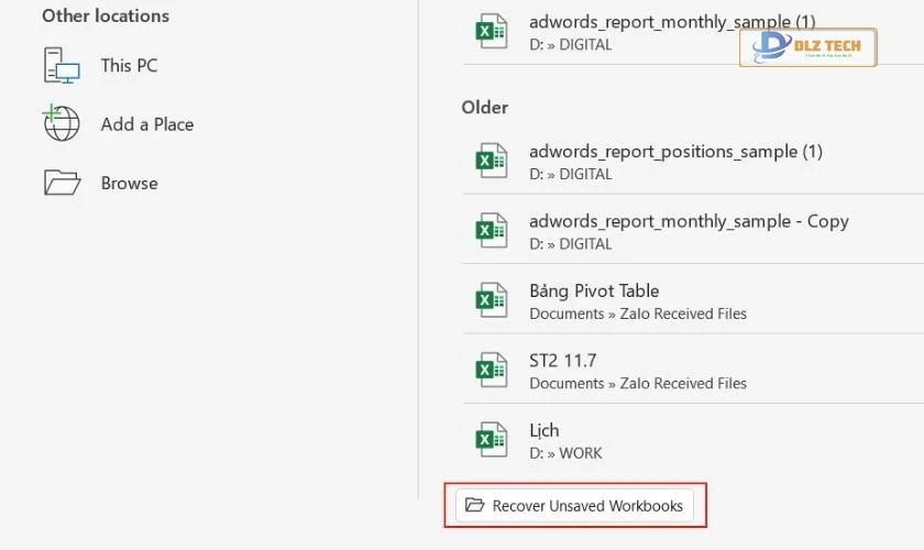 nhấn vào recover unsaved workbooks, lấy lại file excel chưa lưu