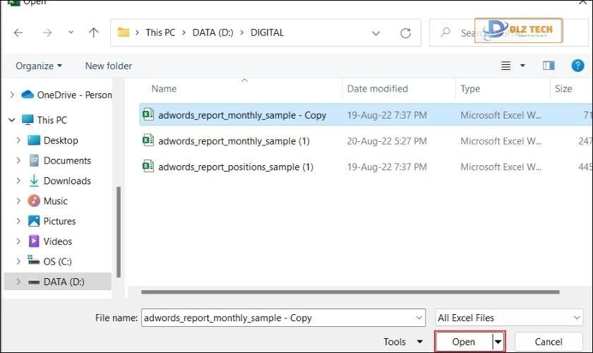 nhấn open, khôi phục file excel chưa lưu