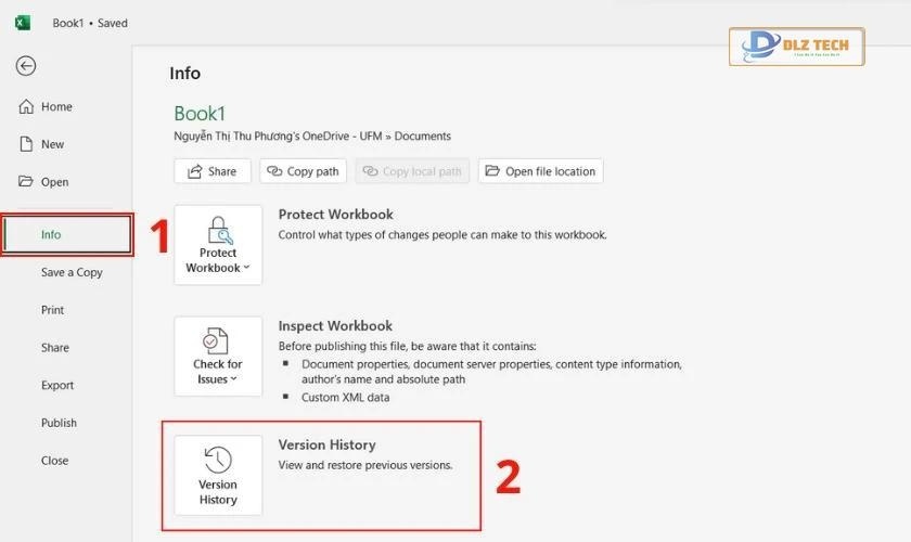 chọn version history, khôi phục file excel chưa lưu